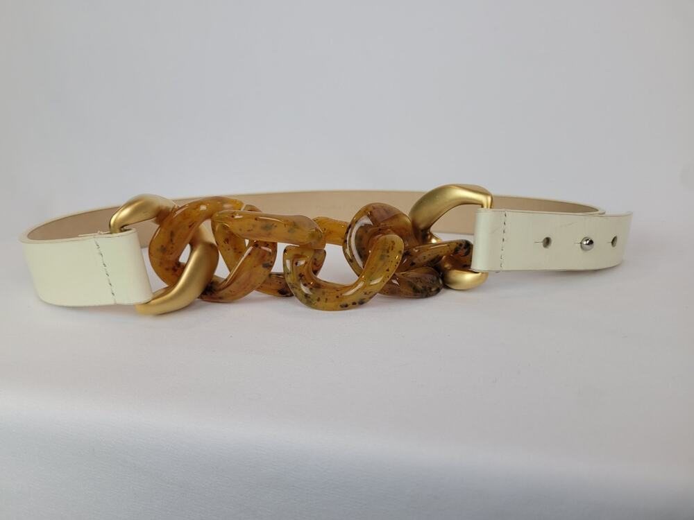 Carlisle 1980s Vintage Beige Leather Belt With Buttersctich Lucite Chain Sz M